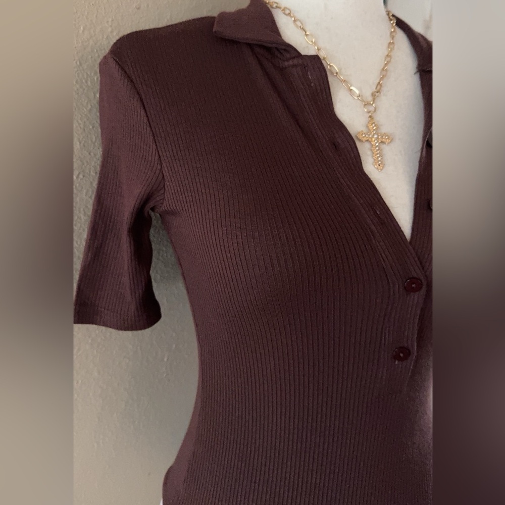 Brown Ribbed Button-Up Bodysuit - Picture 5 of 13